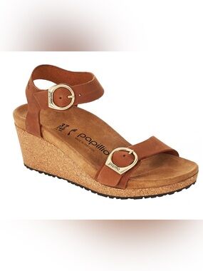 BIRKENSTOCK PAPILLIO NEW $145 SOLEY Leather Wedge Sandals 38/7 Tan